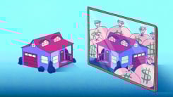 A house in front of a mirror and in the reflection the house is surrounded by bags of money