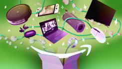 Lifehacker's Amazon Big Spring Sale Art with tech products flying off a box.