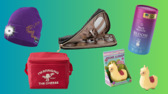LED beanie, cheese cooler, llama stress toy, shower diffuser, electronics case