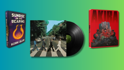 Hunger Games book, Beatles vinyl, and Akira DVD on a teal and green background.