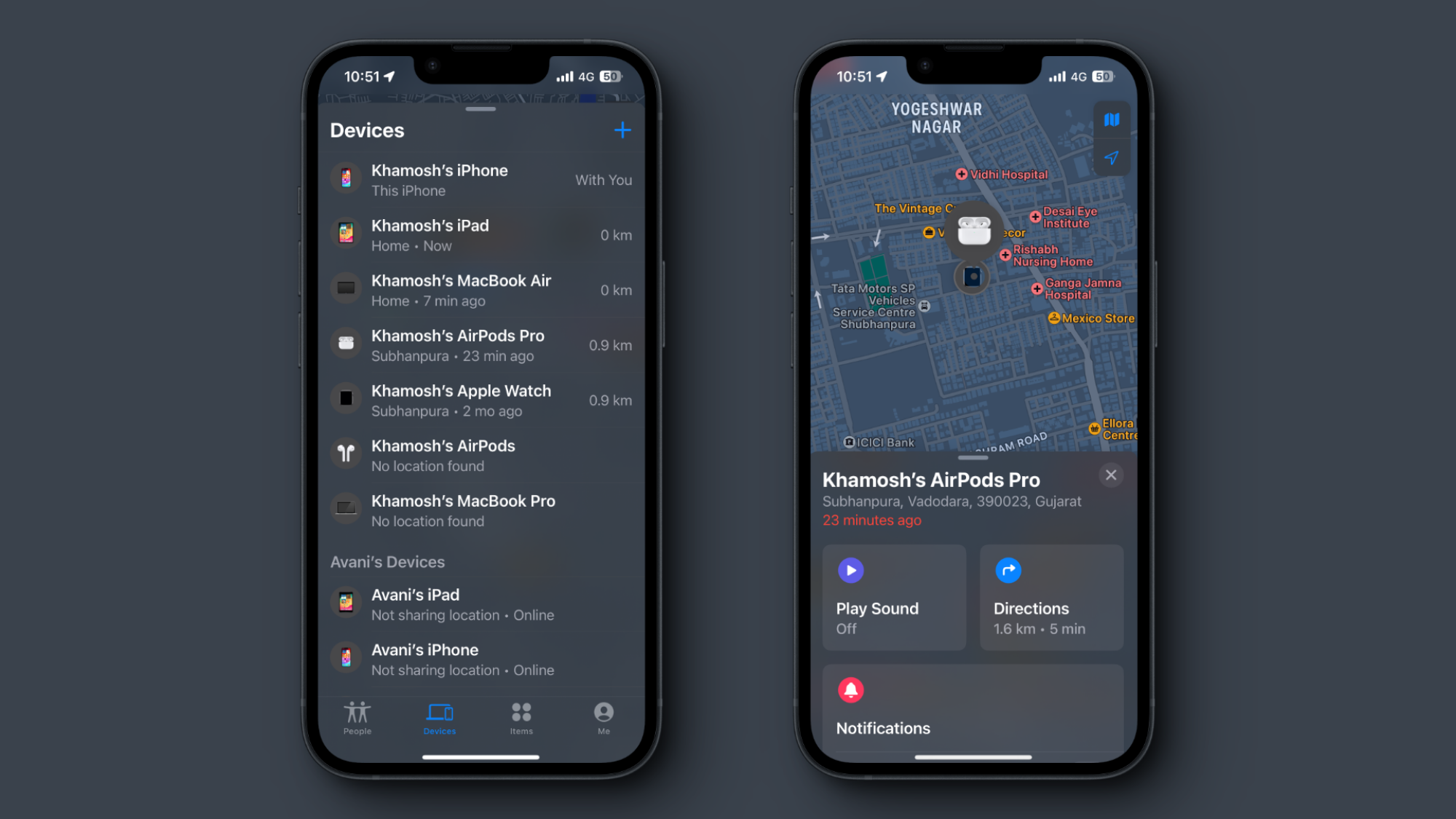 Finding the location of the AirPods on the map.